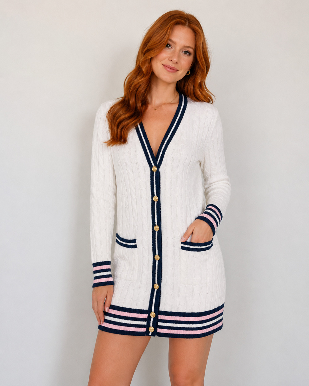 Saylor Marisole Cable Knit Sweater Dress S White Navy Pink Gold Buttons
